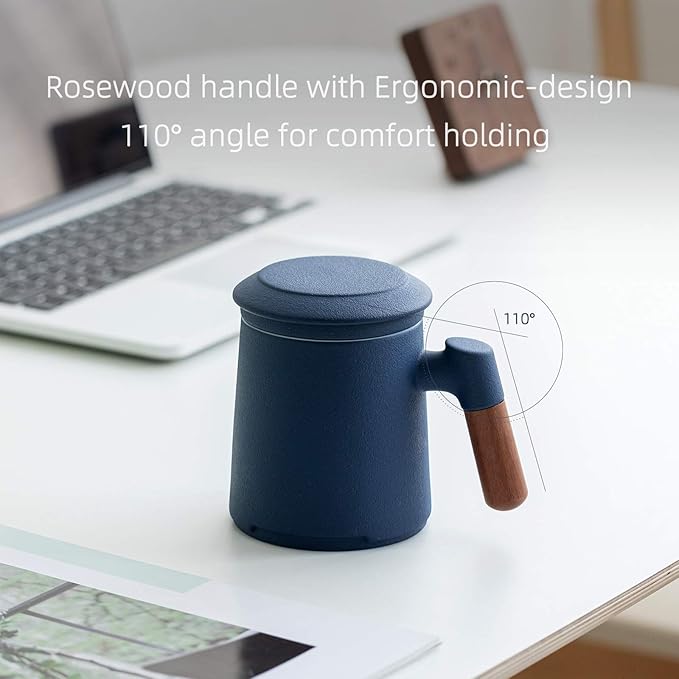 ZENS Tea Cup with Infuser and Lid for Loose Leaf Tea Steeper, 12oz Blue Tea Mug with Fine Tea Strainers for Hot Tea Diffusers, Wood Handle Ceramic Tea Mugs Accessories for Tea Lovers Gifts