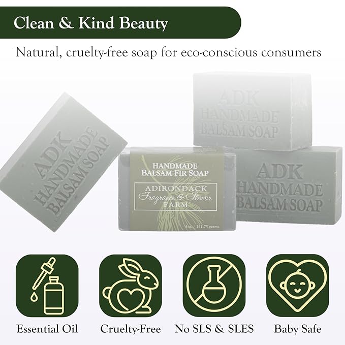 Adirondack Fragrance & Flavor Farm ADK Natural Balsam Soap Bar 4 oz., Handmade Vegan Olive Oil Body Soap for Dry and Sensitive Skin, Moisturising for Men, Women & Babies