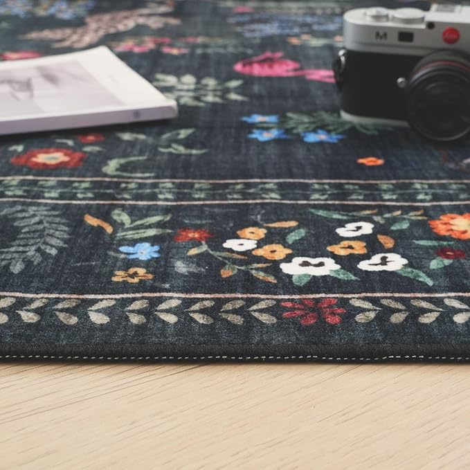 Area Rug 4x6 Rug Washable Boho Rugs Non Slip Low Pile Floral Animal Small Carpet for Bedroom, Bedside, Kids Room, Office, Dining Room (Green)
