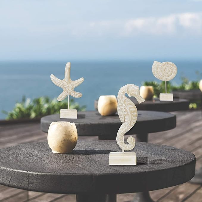 3Pcs Modern Wood Sculpture Home Decor Statue Starfish Conch Seahorse Figurines Beach Nautical Style Table Sculptures Home Decor