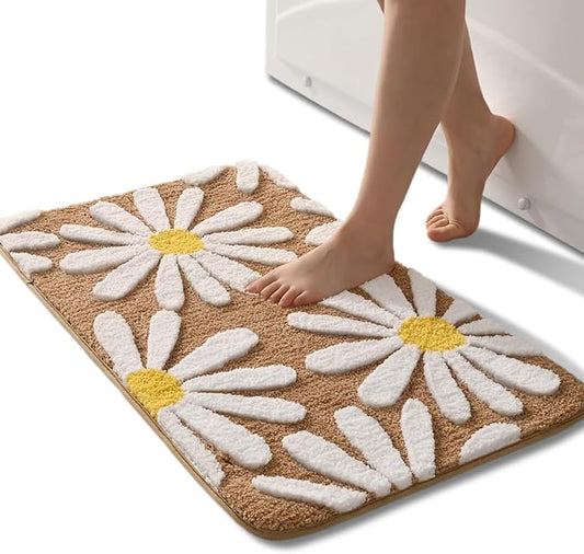 QJHOMO Brown Bathroom Rugs Cute Daisy Bath Mat White and Yellow Flower Decor Rug Non Slip Floor Carpet Microfiber Bathmat Super Absorbent Machine Washable Bathtub Mats for Shower (16x24 inch)