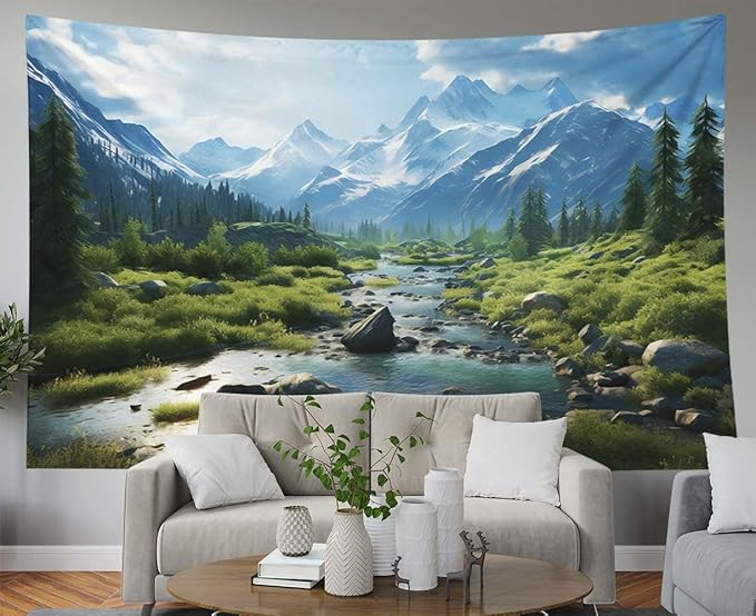 EMMTEEY Landscape Tapestry Hanging Wall Decor Small 60X40 Inch-Forest Mountains Water Scenery Durable Wall Tapestry for Living Room