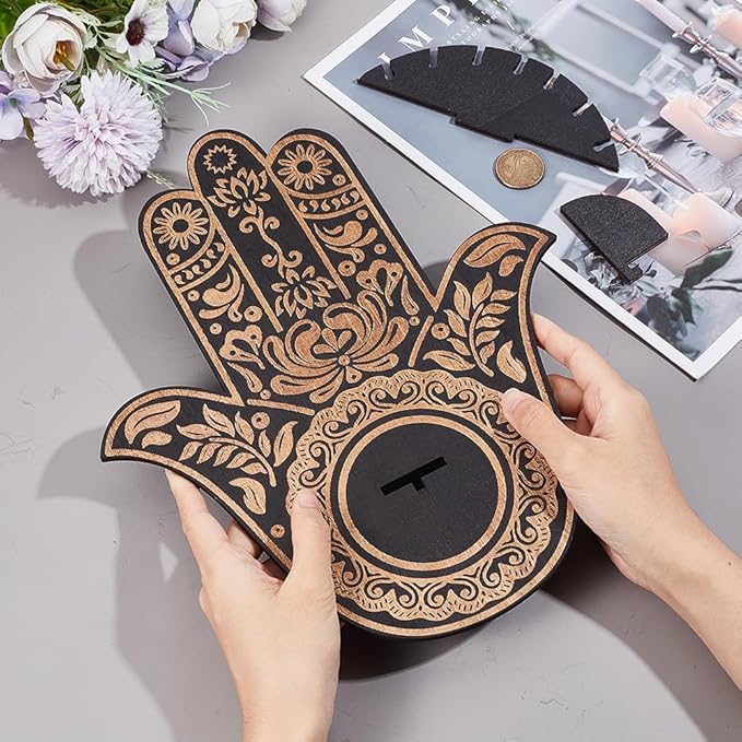 CREATCABIN Wooden Hamsa Crystal Display Shelf Hamsa Hand Wall Decor Crystal Holder Shelves Flowers Wall Mounted Floating Shelf Stand for Witch Stuff Altar Supplies Spiritual Gift Black 9.8 x 11.8Inch