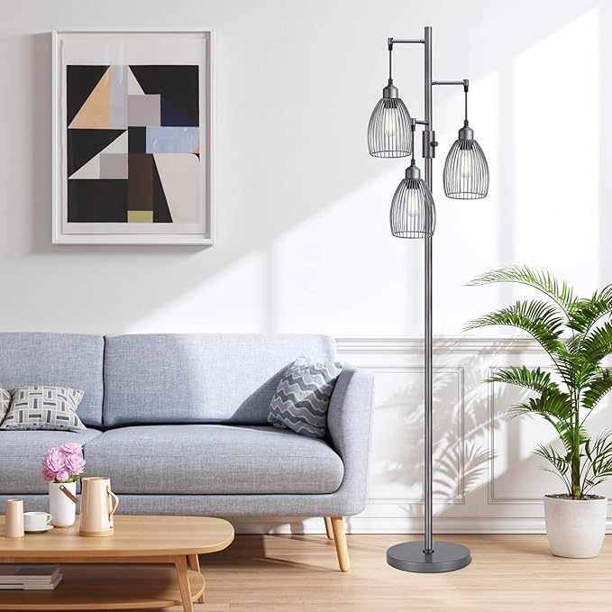 Dimmable Industrial Floor Lamps for Living Room, Gray Tree Standing Tall Lamps with 3 Elegant Teardrop Cage Head & 800 Lumens LED Bulbs for Bedroom Office