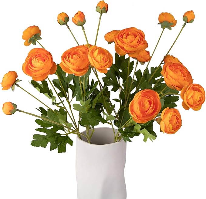 5 Stems Artificial Silk Ranunculus Flowers Orange 23" Tall,UV Resistant,Bendable Stems for Wedding Centerpieces,Home Deco(Orange)