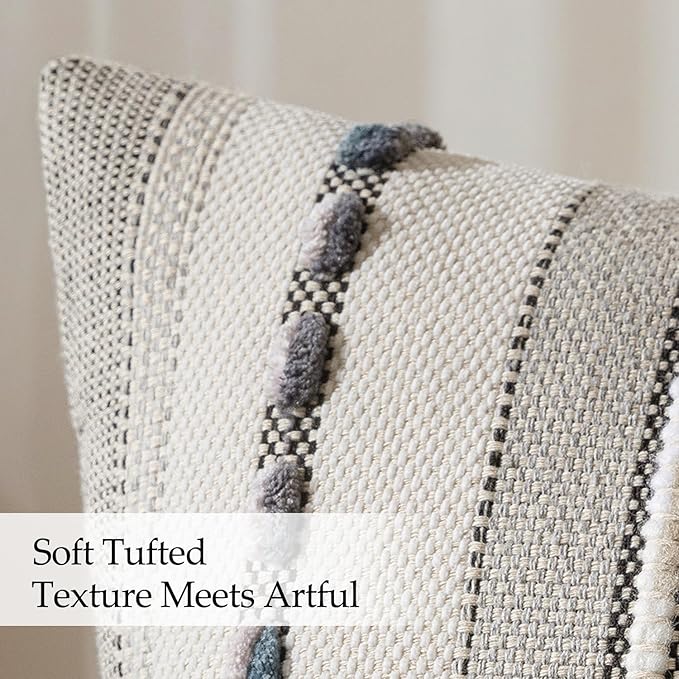 ANRODUO Pack of 2 Boho Decorative Throw Pillow Covers 18x18 Farmhouse Cushion Case Striped Chenille Pillow Cases Square Pillow Covers Accent Neutral Pillowcase for Sofa Couch Bed, Gray Stripe