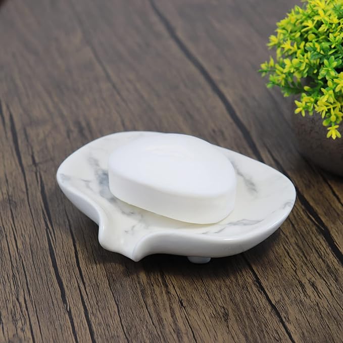 Ceramic Marble Texture Soap Dish, Self Draining Slot, Portable for Shower, Bathroom & Kitchen Sink