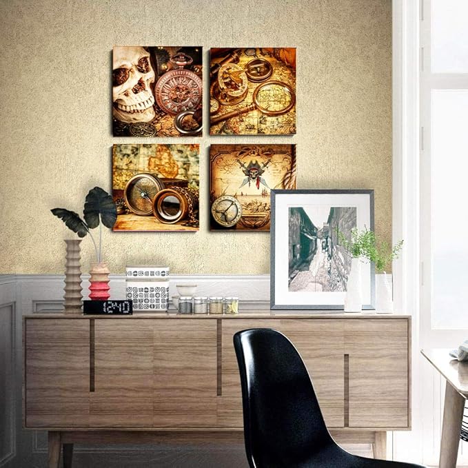 The pirates 4pcs Modern Salon Theme and Adventure map Abstract Painting Still Life Canvas Wall Art for Home Decor Compass and magnifying glass Canvas Print Wall Art Painting For Living Room Decor