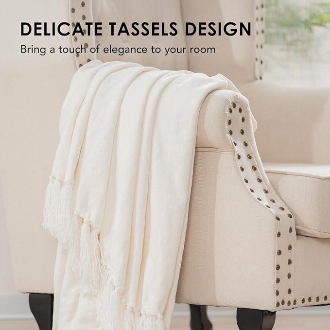 EVERGRACE Soft Chenille Throw Blanket for Couch, Cozy Plush Fuzzy Decorative Chenille Knit Throw Blanket with Tassels, Lightweight Blanket and Throws for Bed Sofa Gift Home Decor, Ivory White 50"x60"