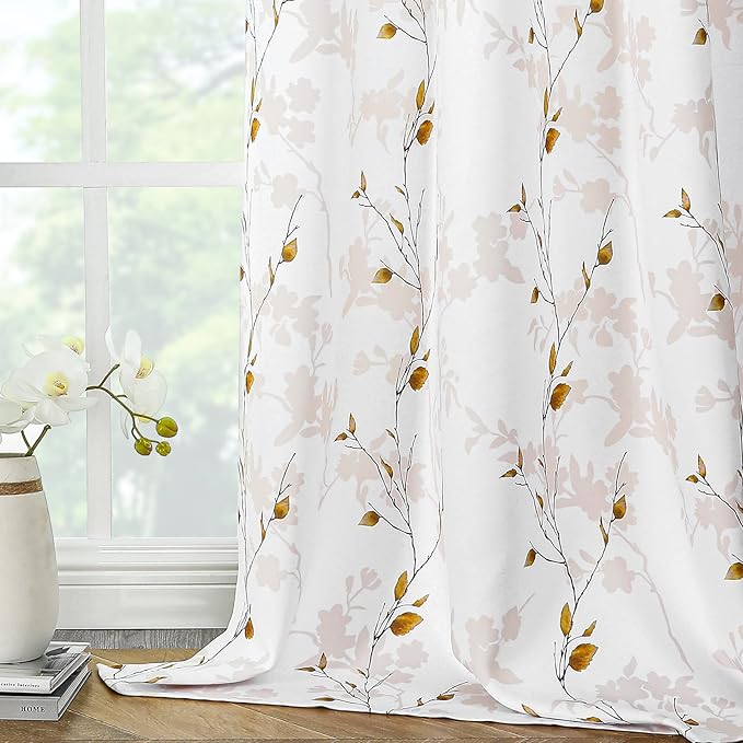 Joydeco Floral Curtains 108 Inches Long for Bedroom 2 Panels, Room Darkening Curtains Patterned Panels for Living Room with Grommet, 80% Blackout Leaf Printed Drapes(Leaf Brown-108)