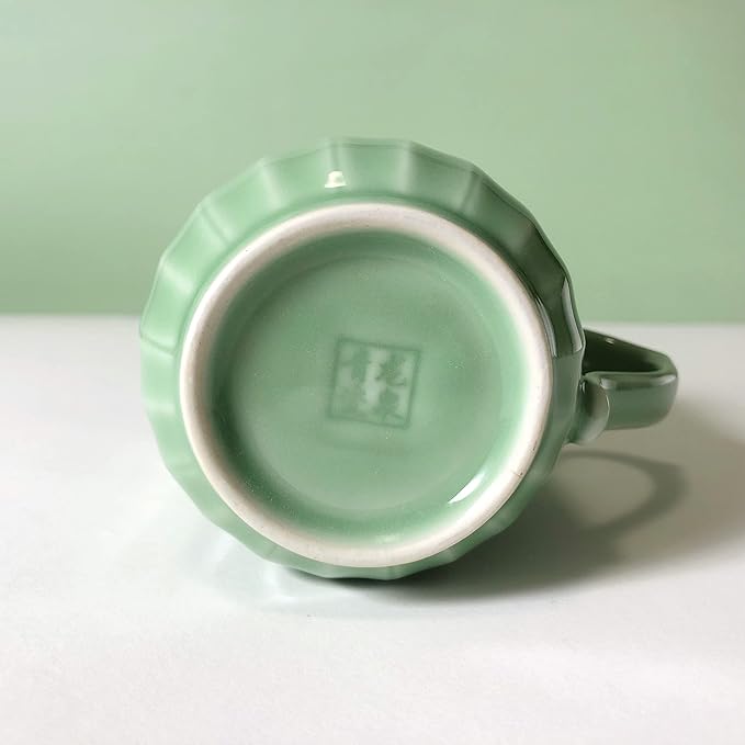 Porcelain Lotus Tea Cup with Lid and Handle, 12 oz Unique Coffee Mug, Microwave Dishwasher Safe, Gifts for Women and Men, Aesthetic Chinese Celadon 1 Pack (Olive Green)