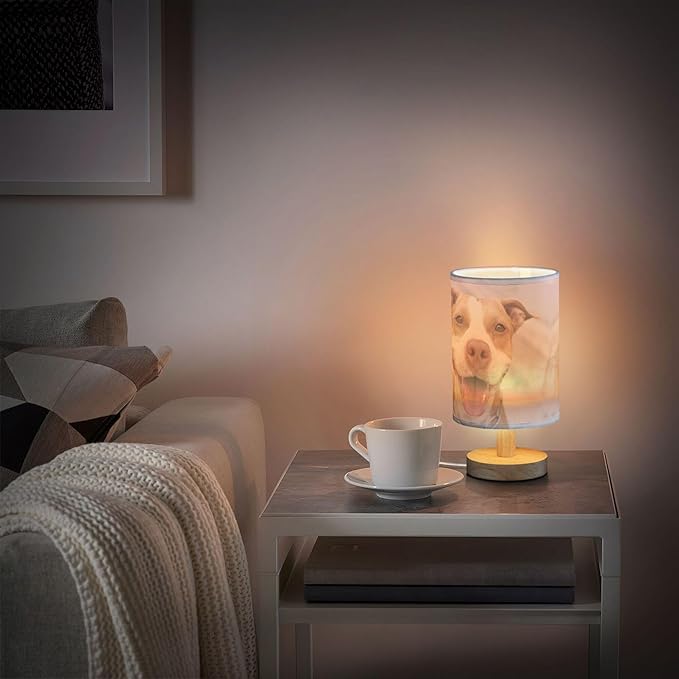 Table Lamp Pitbull Dog Smile Nightstand Lamp with Wood Base Fabric Lamp Shade Bedside Desk Lamp for Living Room Bedroom Kids Room Office