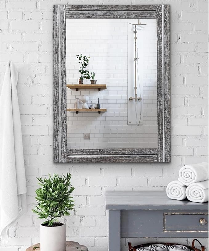 AAZZKANG Rustic Mirror Large 26"x18" Wood Framed Wall Mirrors Rectangle for Bedroom Bathroom Farmhouse Living Room Home Entryway Hanging