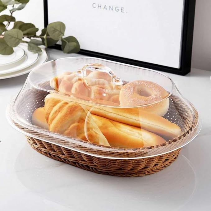 2 Pack Bread Basket with Acrylic Lid and Stainless Steel Tongs Rattan Bread Baskets Woven Fruit Basket with Cover for Food Vegetables Display