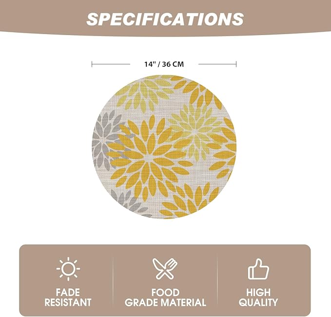 Artoid Mode Yellow Dahlia Plastic Round Placemats Set of 4, 14 Inch Seasonal Wipeable Woven Vinyl Table Mats for Farmhouse Party Kitchen Dining Decor