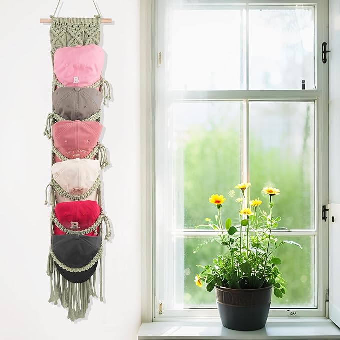 2PCS Macrame Cap Holders Boho Hat Hangers Over Door Ball Cap Rack Organizer Decorative Bohemian Handmade Woven Wall Hanging for Baseball Cap Display Decoration (Green, Up to 24 Caps)