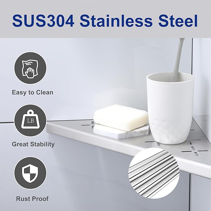 10" Corner Shower Shelf, 2-Pack Shower Shelves SUS304 Stainless Steel Bathroom Shelves for Tile Walls, Recessed Corner Shelf Organizer Rack, No Drilling (Brushed)