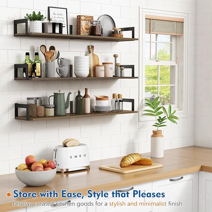 Floating Shelves for Wall 36 Inches Long 8 Inch Deep, Large Wall Book Shelves for Bedroom, Rustic Wood Hanging Bookshelf for Living Room Office Kitchen Closet Organizers and Storage - Set of 3