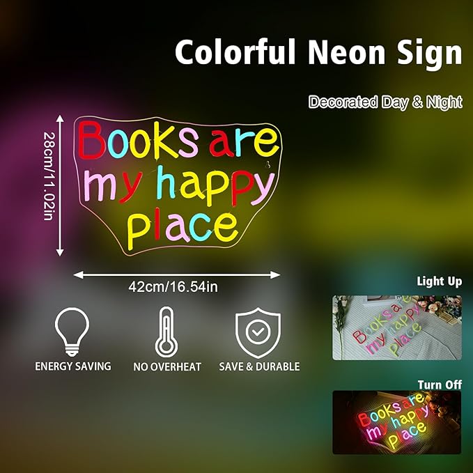 Books Are My Happy Place Neon Sign Letter Led Neon Signs Classroom Read Books And Be Kind Neon Light For Wall Decor Dimmable Colorful Light Up For Library Classroom Reading Room Bookstore Bookish Decoration Kids Gifts