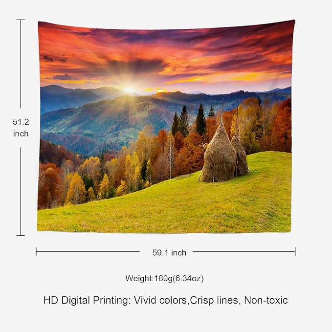BaoNews Mountain Autumn Landscape Tapestry, Autumn Season Countryside Landscape Meadow Trees Large Wall Hanging Tablecloths Tapestry Bedroom Living Room Dorm 51.2 x 59.1 inches(Orange Wood Yellow)