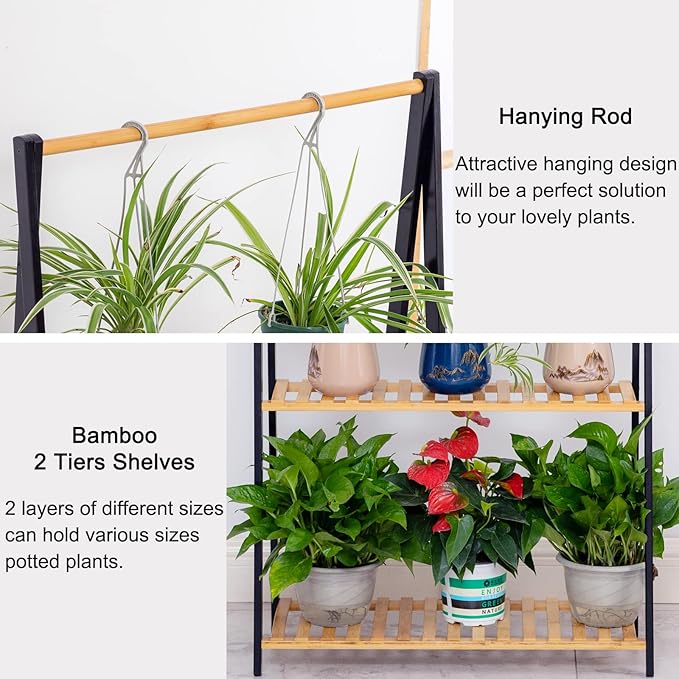 COPREE Bamboo 2-tier Hanging Plant Stand Planter Shelves Flower Pot Organizer Rack Multiple Flower Pot Display Holder Shelf Indoor Outdoor Heavy Duty Planter Shelving Unit