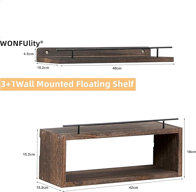 WONFUlity 3-Shelf Bathroom Shelves, Floating Shelves with Storage Basket, Over Toilet Paper Holder, Farmhouse Wood Wall Shelves for Living Room, Kitchen, 16x5.9x5.5 inches, Walnut