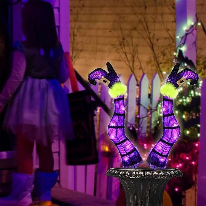 Juegoal Set of 2 Halloween Lighted Wicked Purple Witch Legs with Stakes, 22" Light Up Tinsel Halloween Yard Sign Prop Timer & 8 Modes, Battery Operated for Outdoor Party Haunted House Garden Decor