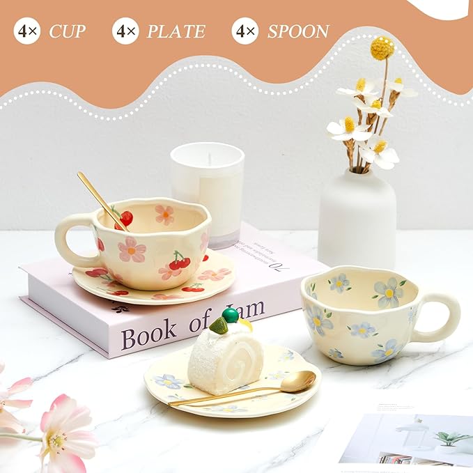 Vesici 4 Pcs Ceramic Coffee Mug with Saucer Spoon 8.5 oz Flower Cup with Handles Floral Aesthetic Vintage Porcelain Cute Mug Set for Tea Latte Milk Office Home, Dishwasher and Microwave Safe, 4 Styles