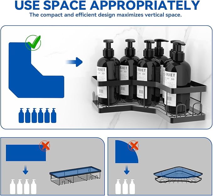 Shower Caddy Organiser - 3 Pack Rust-Resistant Black Shower Shelves, No Drilling Adhesive Mount, Soap Holder - Bathroom Storage Accessory
