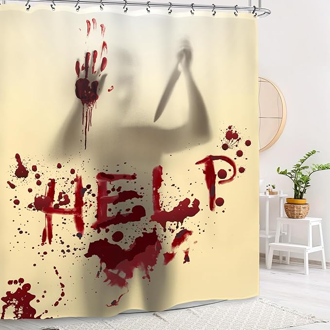 Halloween Horror Scary Shower Curtain 60Wx72L Inch Help Me Blood Silhouette Funny Spooky Holiday Bathroom Set Accessories Decor with 12 Pack Hooks