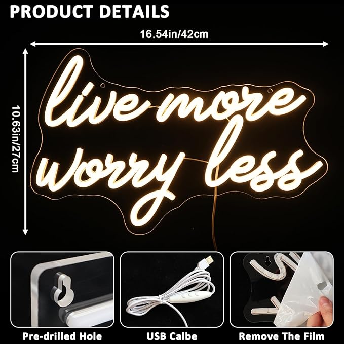 Live More Worry Less Neon Sign for Wall Decor, Warm White Led Signs for Room, USB Dimmable Neon Lights for Bedroom Home Living Room Party Cafe Business Pub Motivational Wall Art