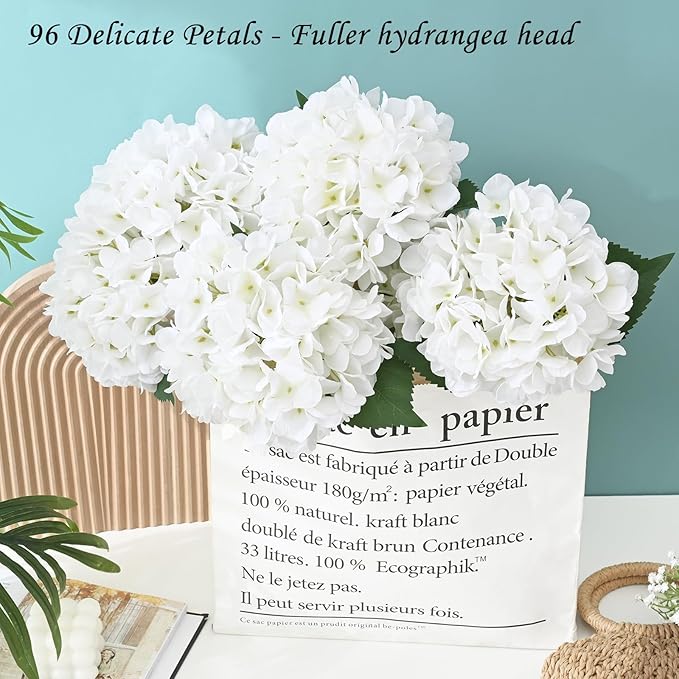 BLEUM CADE 8 Pcs White Hydrangea Artificial Flowers with Stems, 18In Large Fake White Flowers, Faux Hydrangea Flower for Home Decor Spring Wedding Table Centerpieces Decoration