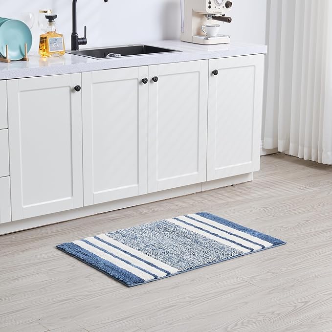 CozeCube Blue Striped Bath mats for Bathroom Non Slip, Fluffy Absorbent Microfiber Bath mat Washable, Aesthetic Bathroom Rugs, Cute Bath mat for Sink, 20" x 32"