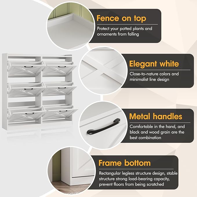 Maupvit Large Shoe Storage Cabinet with 6 Flip Drawers, Freestanding Shoe Organizer with Metal Handles for Entryway, Narrow Shoe Rack Cabinet, White