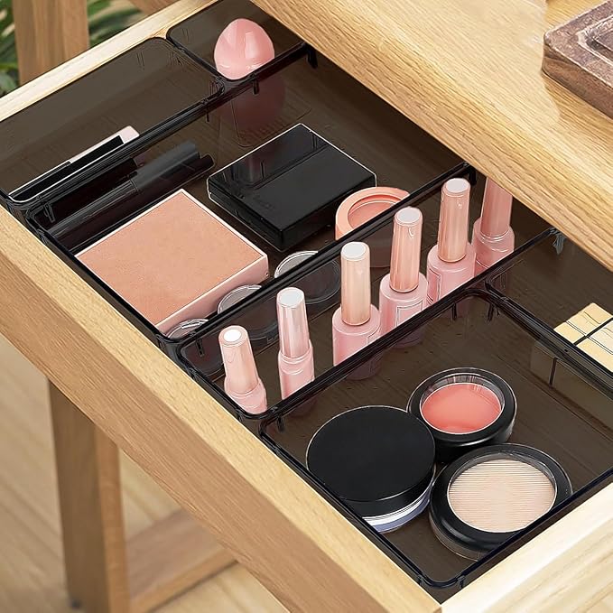 16 PCS Drawer Organizer Set, 5 Varied Size Bathroom and kitchen Drawer cabinet organizer Trays, Clear Storage Bins for Makeup, Jewelry, Utensils and Gadgets, Black