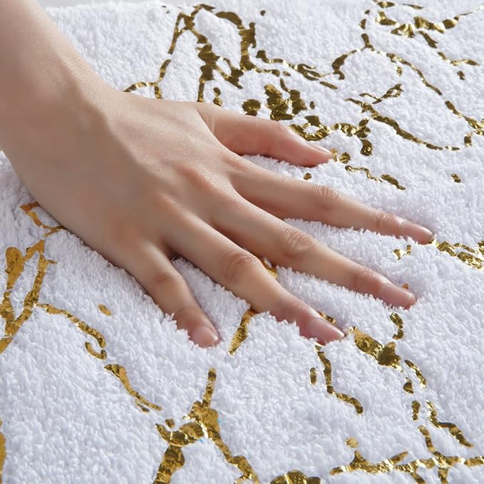 QJHOMO Marble Bathroom Rug White and Gold Decor Bathroom Rugs Non Slip Bath Mat Super Absorbent Microfiber Plush Bathmat Machine Washable Floor Carpet for Tub, Shower, Bedroom (20x32 inch)