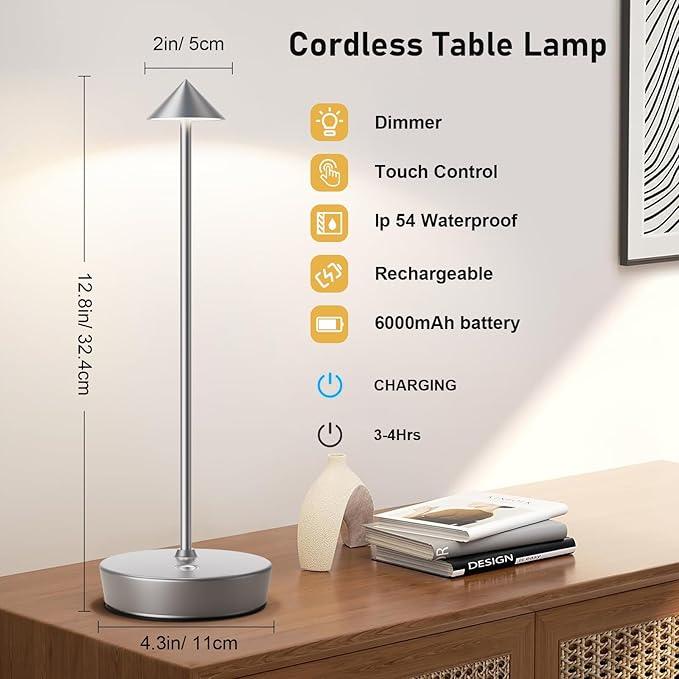 Set of 2 Rechargeable Cordless Table Lamp,6000mAh LED Battery Operated Desk Lamp Touch 3 Color Dimming Portable Outdoor Waterproof Table Light for Patio/Restaurant/Dining/Home (Silver)