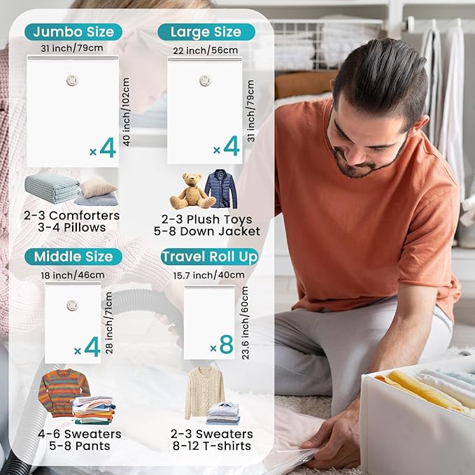 TAILI 20 Pack Combo Vacuum Storage Bags, Vacuum Seal Bags for Clothing (4 Jumbo, 4 Large, 4 Medium, 8 Travel Roll), Space Saver for Bulky Clothing, Beddings, Comforters, Saving More Closet Space