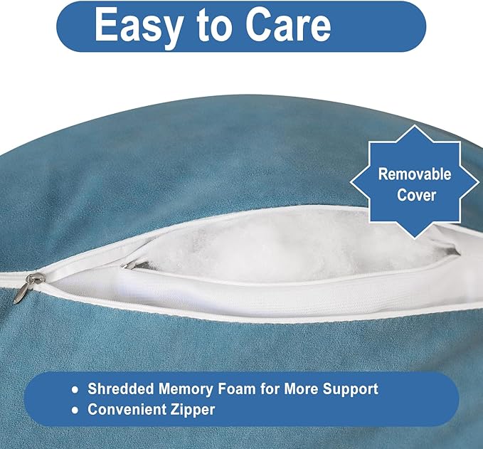 Reading Pillow for Bed Adult Size, Back Pillow for Sitting in Bed, Shredded Memory Foam Bed Chair Pillow with Arms, Pockets, Washable Cover (Blue, Large)