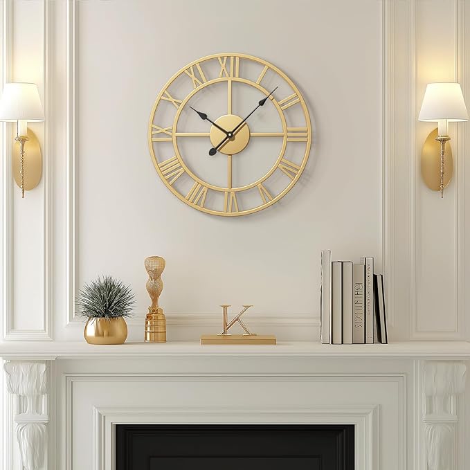 16 Inch Metal Gold Wall Clock - Silent Non-Ticking Battery-Operated Round Rustic Modern Clock for Living Room, Kitchen, Mantel - Roman Numerals