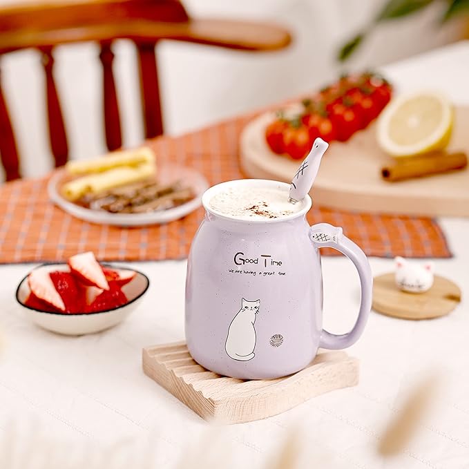 SHENDONG Cute Cat Mug - Kawaii Kitty Lid & Spoon, 15OZ, Japanese Style, Purple