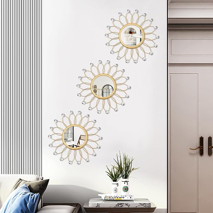 3 Pack Metal Mirrors for Wall Sunburst Wall Mirrors Home Décor Decorative Hanging Wall Art for Living Room Bedroom Entryway (Gold Crystal, Flowers)