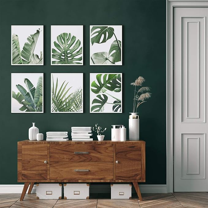 HoozGee Botanical Plant Wall Art Prints Set of 6 Green Plant Wall Decor Prints Canvas Leaves Kitchen Wall Art Boho Leaf Boho Bathroom Decor (11"x14" UNFRAMED)