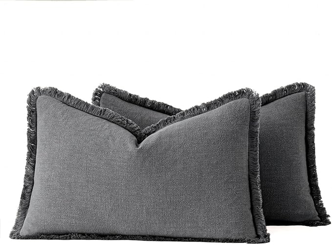 MIULEE Decorative Lumbar Throw Pillow Covers Neutral Linen Fringe Throw Pillows Set of 2 Dark Grey Boho Farmhouse Cushion Covers for Couch Sofa Bed Living Room Spring Home Decor 12x20 Inch