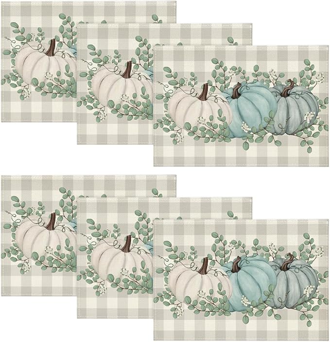 Artoid Mode Buffalo Plaid Eucalyptus Pumpkins Leaves Fall Placemats Set of 6, 12x18 Inch Seasonal Autumn Table Mats for Party Kitchen Dining Decoration