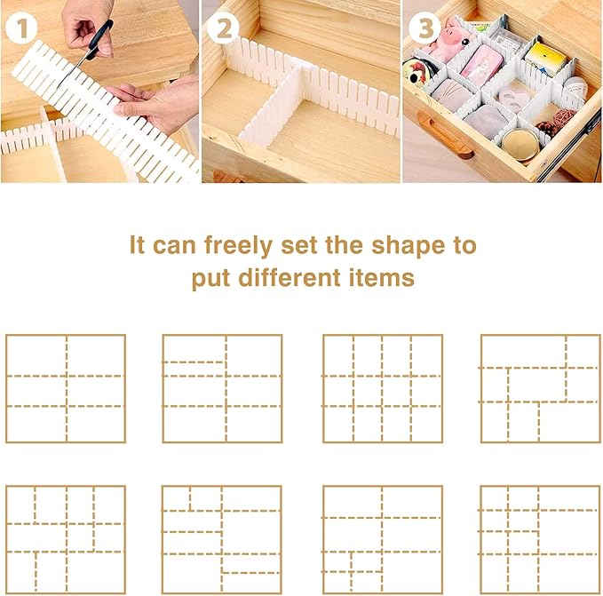 Drawer Divider Adjustable Diy Storage Organizer Separator for Tidying Clutter Cutlery Underwear Socks Clothes Dresses Desk & Box in Kitchen Bathroom Bedroom Office (Cut at Will) (White 16pcs)