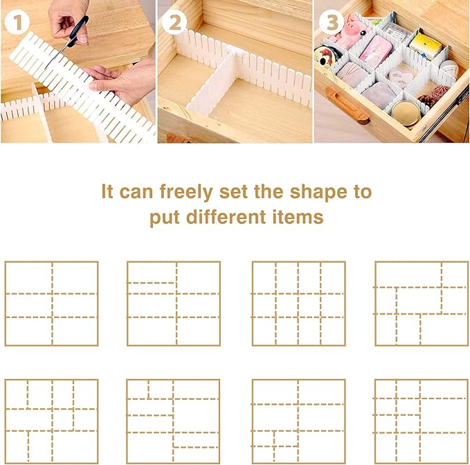 Drawer Divider Adjustable Diy Storage Organizer Separator for Tidying Clutter Cutlery Makeup Clothes of Dresses, Desk & Box in Kitchen Bathroom Bedroom Office (Cut at Will) (White 32pcs)