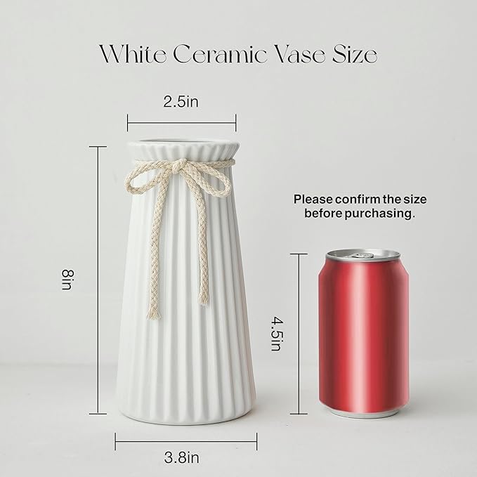 White Ceramic Flower Vase, 8'' Modern Minimalist Decorative Vases for Bouquet, Boho Vases for Pampas Grass Home Office Farmhouse Decor Bedroom Living Room Wedding Table Decorations