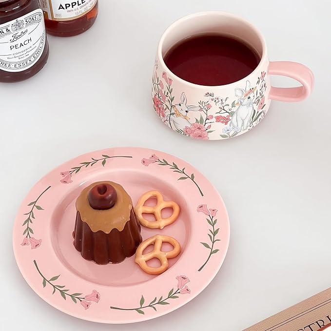 Cute Ceramic Coffee Mug with Saucer Set, 9oz Rabbit Pink Tea Cup with Floral Design, Latte Art Mugs for Coffee Tea Hot Chocolate, Gift for Women, Mom, Friend, Mothers Day Gifts
