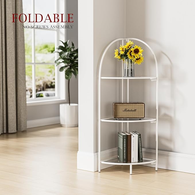 Crofy Foldable 3 Tier Corner Shelf, Metal Corner Plant Stand with White Frame and Transparent Shelves, Corner Display Rack Multipurpose Shelving Unit for Living Room, Bedroom, Bathroom